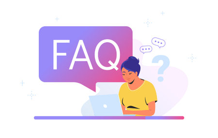 Young woman sitting with laptop and having questions. Flat vector illustration of smiling student...