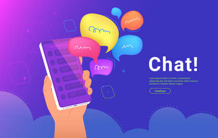 Community announcement or group chat mobile app. Concept vector illustration of human hand holds a smartphone with a speech bubbles as a messenger or community alert in social mediaのイラスト素材