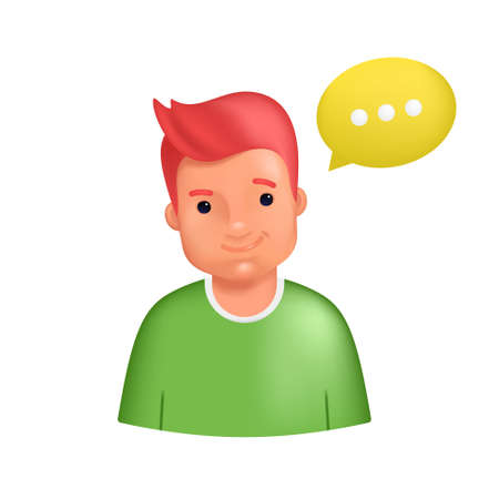 Smiling male avatar wearing green sweater. Realistic 3d vector illustration of happy casual man character with yellow speech bubble as an avatar for social media and networksのイラスト素材