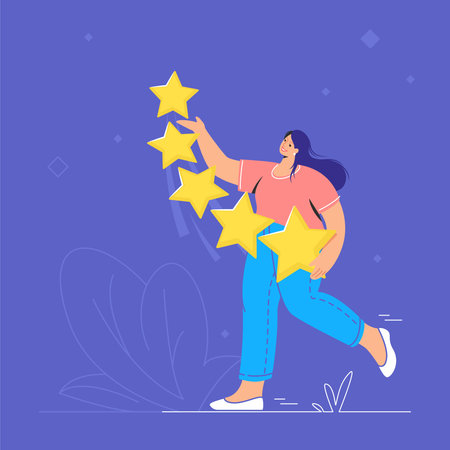 Customer review and user rating five stars. Flat teenage woman walking alone and holding five yellow...
