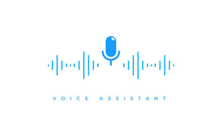 Microphone icon with soundwave. Flat vector illustration of voice assistant blue symbol for sound recognition and artificial intelligence technology isolated on white backgroundのイラスト素材
