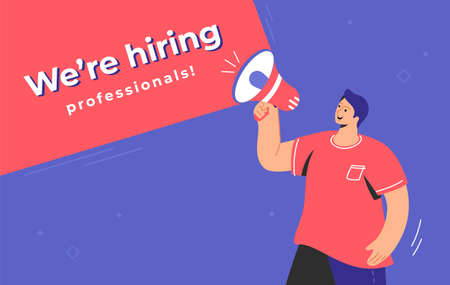 We are hiring professionals with happy man shouting on megaphonesのイラスト素材