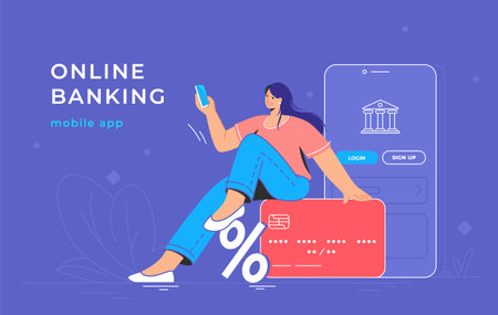 Online banking app and red credit card. Flat vector illustration of smiling woman sitting on a big credit card with bank mobile app and smartphone behind her for profit accounting and investmentsのイラスト素材