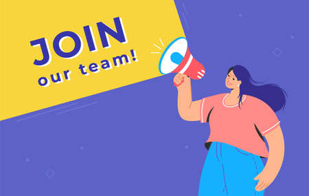 Join our creative team concept illustration of happy woman shouting on megaphone to invite new teammates for new project. Flat vector design for web banner for hiring to the project and increase staffのイラスト素材