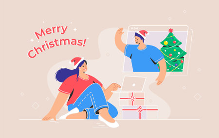Merry Christmas congratulation via video call. Concept vector illustration of young woman sitting with laptop with xmas gifts and talking to her friend via video call. Online greetings and celebrationのイラスト素材