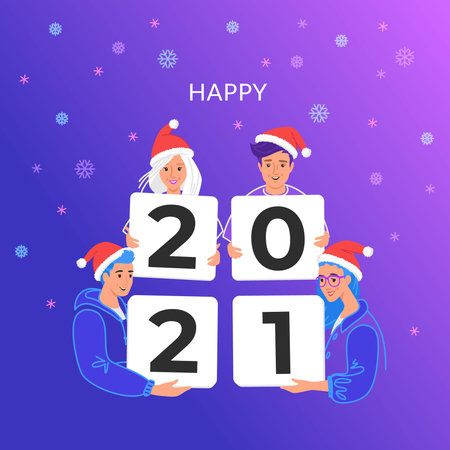 Happy new 2021 year congratulation from young community. Bright vector illustration of young...