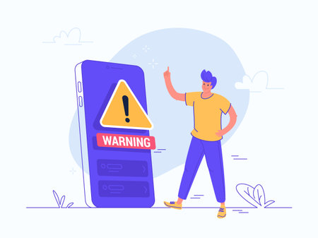 Warning notification symbol on mobile phone app. Flat vector illustration of young man standing near big smartphone and getting caution message on the screen. Information security and virus protectionのイラスト素材