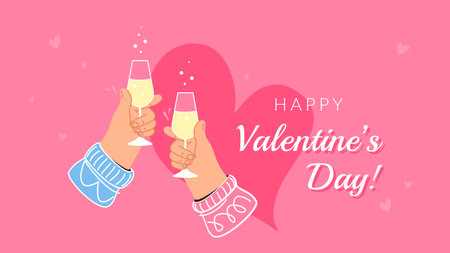 Valentines day cheers. Concept vector illustration of two human hands are greeting for 14 of February with a glass of champagne on rose background. Cheers and romantic dating and celebratingのイラスト素材