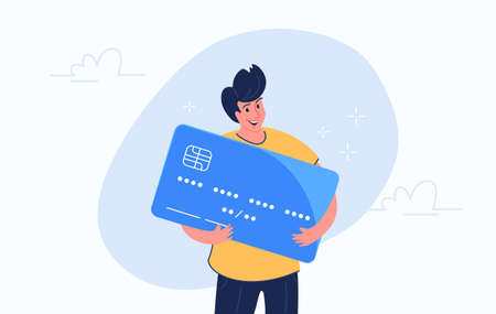 Happy smiling man hugging big credit card. Flat modern concept vector illustration of people who use credit and debit bank card for payment and banking. Casual consumer with card on white backgroundのイラスト素材