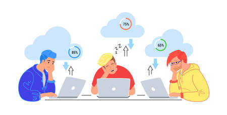 Bored three teenagers sitting with laptops and sleeping. Flat vector illustration of tired students wasting time for cloud computing, data loading or slow buferization. Young men sleeping at work deskのイラスト素材