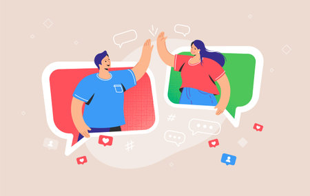 Video call or mobile chat conversation. Concept vector illustration of two friends giving a...