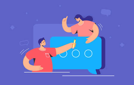 Happy teenagers with a big speech bubble. Flat vector illustration of smiling man and woman standing near a big speech bubble as a chat symbol of communication. People leaving comments and textingのイラスト素材