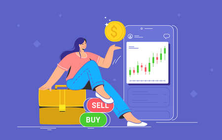 Money investing and taking profit. Flat vector illustration of cute smiling woman sitting on a portfolio of shares near a big smartphone, pointing to screen with growing market graph and dollar coinのイラスト素材