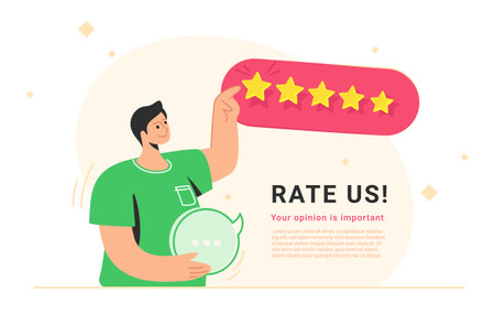 Rate us for 5 stars consumer review. Flat vector illustration of smiling man standing alone, holding a speech bubble in his hand and pointing to five stars as a rating result. User rating or feedbackのイラスト素材