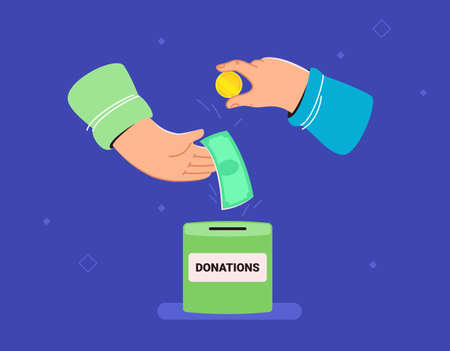 Donate money for saving lives. Flat vector illustration of two human hands holds banknotes and golden coins to put money into a donation box for people in need. Philanthropy and financial donationのイラスト素材