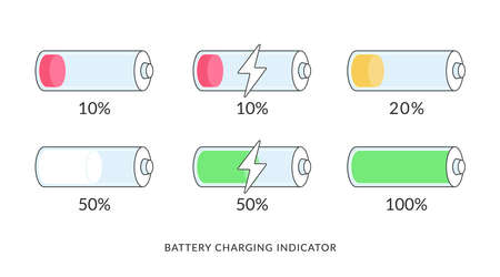 Battery charging indicators icons set. Flat vector illustration of several batteries from low to full charged status. Mobile interface symbols for recharging elements and power banks capacityのイラスト素材