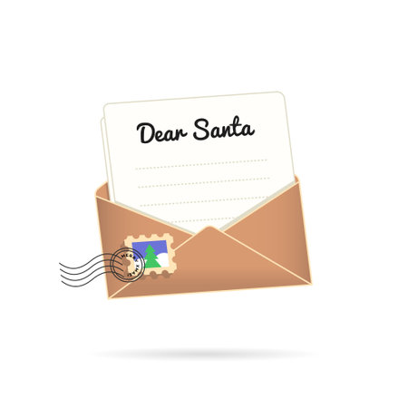 Christmas letter for Santa Claus as wish on holiday. Flat vector illustration of a big xmas wishes letter for Santa Claus. Realistic symbol or web icon isolated on white backgroundのイラスト素材