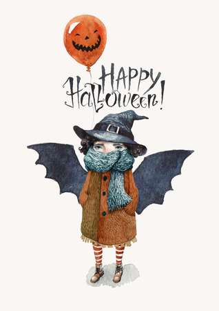 A Happy Halloween postcard painted in watercolor. A little girl in a coat and a scarf, with bat wings on her back, witch hat on her head and a balloon behind her. Hand-painted letters Happy Halloween.の写真素材