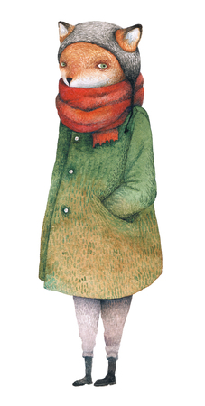 Watercolor fox in a very warm red scarf, hat and a green coat.の写真素材