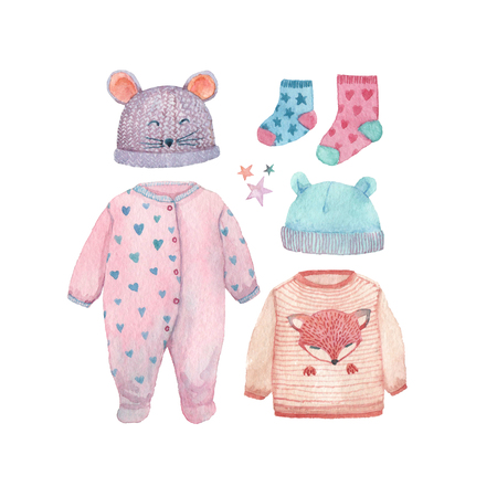 A set of baby clothes painted in watercolor: romper suit, socks, cute hats and a little sweater.の写真素材
