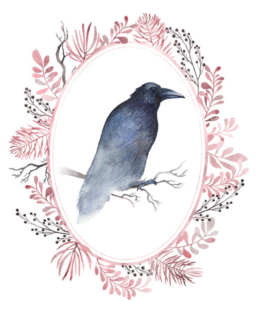 A portrait of black raven in a frame of branches. Mirror rreflection. Painted in watercolor and isolated on white background.の写真素材