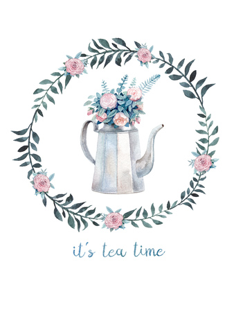 Vintage watercolor kettle with a bouquet of roses in a wreath. A cozy tea time greeting card painted with watercolor.の写真素材