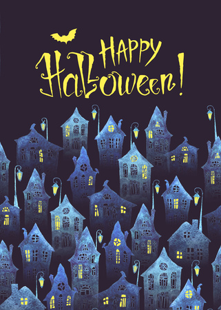 Happy Halloween poster with an old city in the night and hand-drawn lettering. Crooked houses and lighted lanterns painted in watercolor. Halloween night.の写真素材