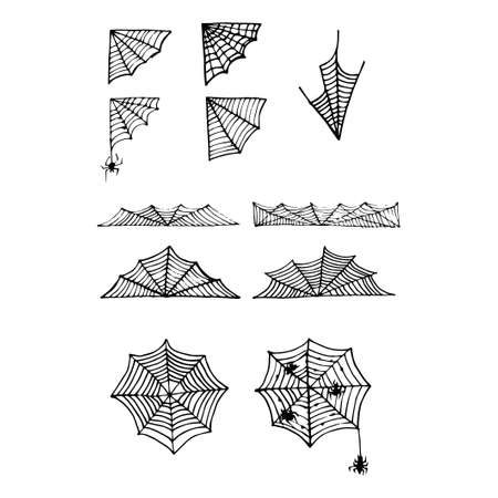Doodle spider web set. Halloween vector decoration. Vector illustrationのイラスト素材