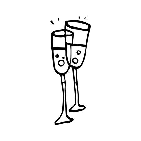 Wedding party drinks. Doodle illustration. Bottle and wineglass of sparkling wine. New Year Champagne.のイラスト素材