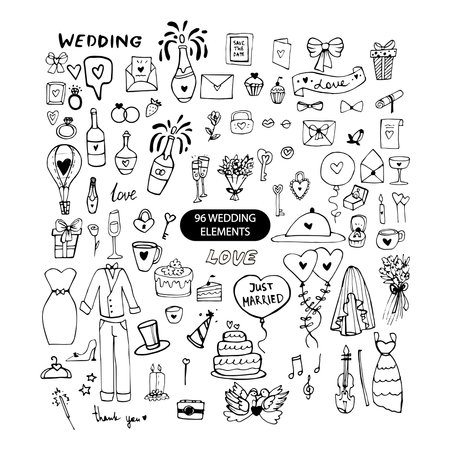 Wedding doodle set. 96 hand-drawn elements. Vector illustration. Big set of Wedding Day black icons.のイラスト素材