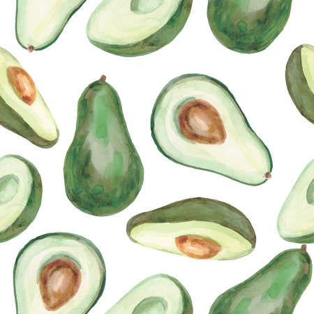 Avocado watercolor vector pattern. Seamless pattern of healthy food. Isolated elements on white background.のイラスト素材