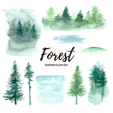 Watercolor forest set. Evergreen trees, blue water, single tree. High quality photoの写真素材