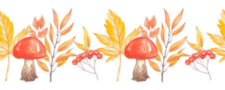 Watercolor autumn seamless border with leaves. High quality illustrationの写真素材