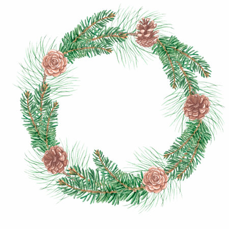 Watercolor spruce wreath with cones. Hand painted holiday frame with wild plants. Floral illustration for design, print, fabric or background. Pine cone, green branchesのイラスト素材