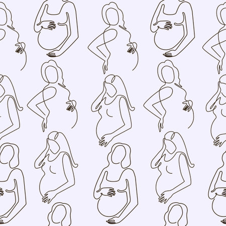 Pregnant women one line seamless pattern. Vector One line abstract illustration of pregnant woman.のイラスト素材