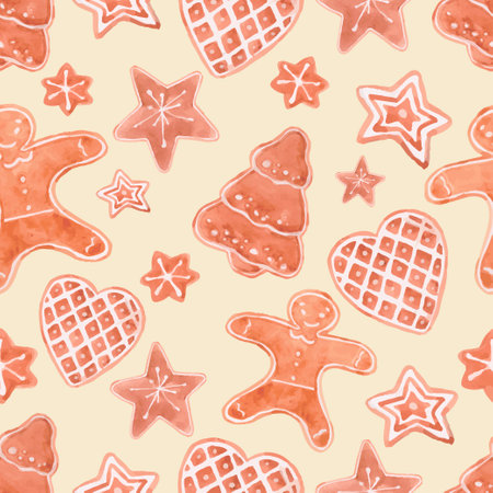 Winter seamless patterns with gingerbread cookies. Holiday treat on beige background. Vector illustrationのイラスト素材