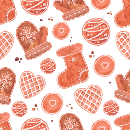 Winter seamless patterns with gingerbread cookies. Holiday treat on white background. Vector illustrationのイラスト素材