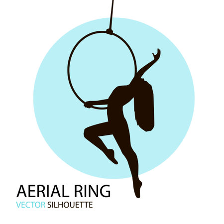 Silhouettes of a gymnast with the aerial ring. Vector illustration on white background. Air gymnasticsのイラスト素材