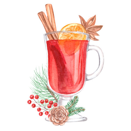 Watercolor winter mulled wine with cone, berries and pine branch. High quality illustrationの写真素材
