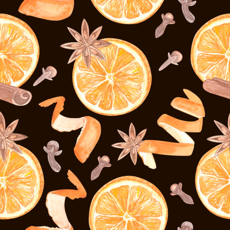 Seamless orange and spices pattern. Orange peel, Anise Star and clove on black backgroundの写真素材