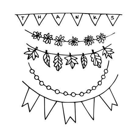 Doodle garland set. Thanks, flowers and leaves flags and garland. Vector illustration of decorationのイラスト素材