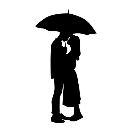 Silhouette of loving couple standing under an umbrella. Vector illustrationのイラスト素材