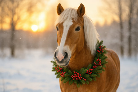 Light Brown Horse with Fir Wreath and Winter Sunset. AI Generative.の素材