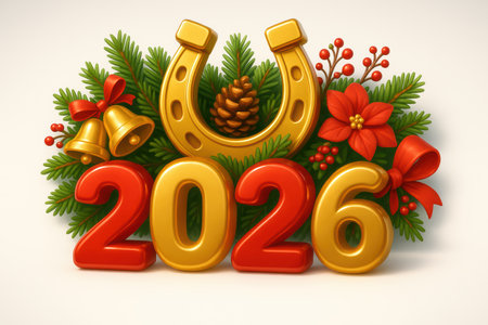 Festive 3D 2026 with Golden Horseshoe and Christmas Decor. AI Generative.の素材