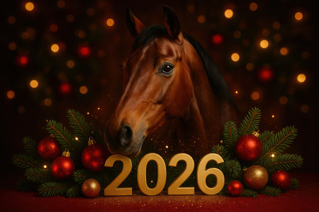 Close-Up Horse Head Framed by Fir and 2026 Ornaments. AI Generative.の素材