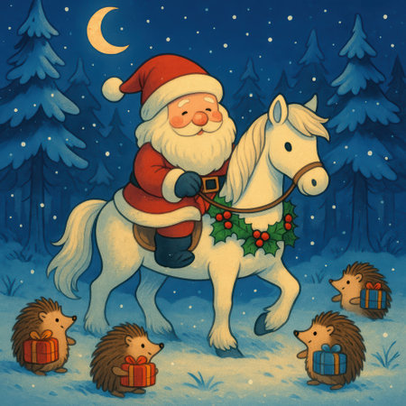 Santa on White Horse with Hedgehogs in Snowy Forest. AI Generative.の素材