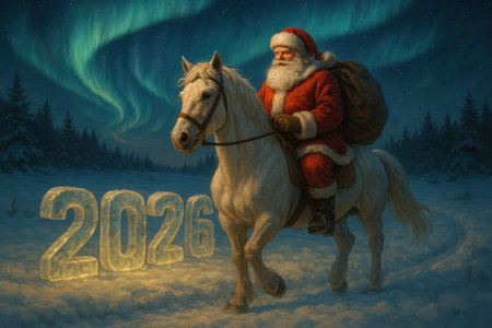 Santa Riding White Horse Under Northern Lights, 2026 in Ice. AI Generative.の素材