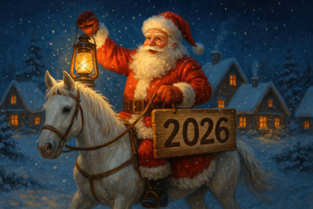 Santa on White Horse with 2026 Sign in Snowy Village. AI Generative.の素材