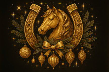 Golden Horse in Horseshoe with Vintage Holiday Ornaments. AI Generative.の素材