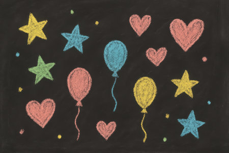Chalk doodle balloons hearts and stars on blackboard. AI Generative.の素材